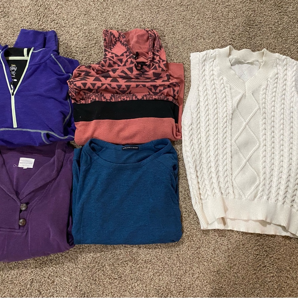 Women's Sweater Collection - Purple, Pink, Blue, White all large in size.